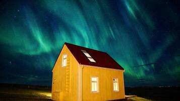 A small, single-story wooden house with a red roof and a skylight, situated under a night sky with visible aurora borealis.