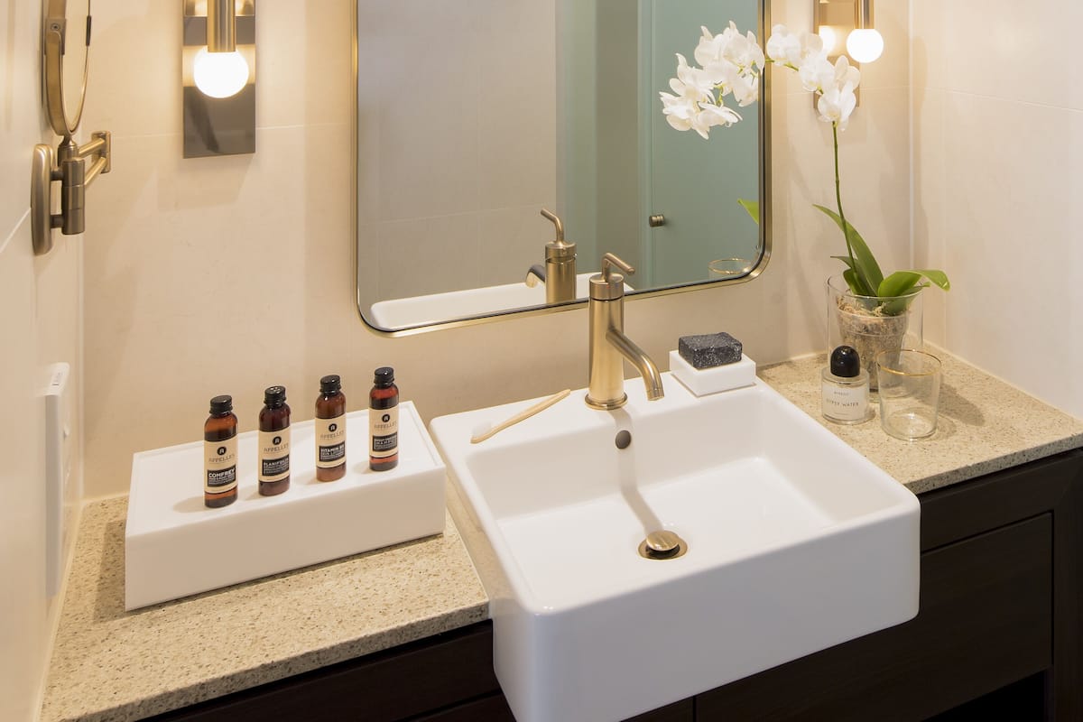 Shower, rainfall showerhead, eco-friendly toiletries, hair dryer