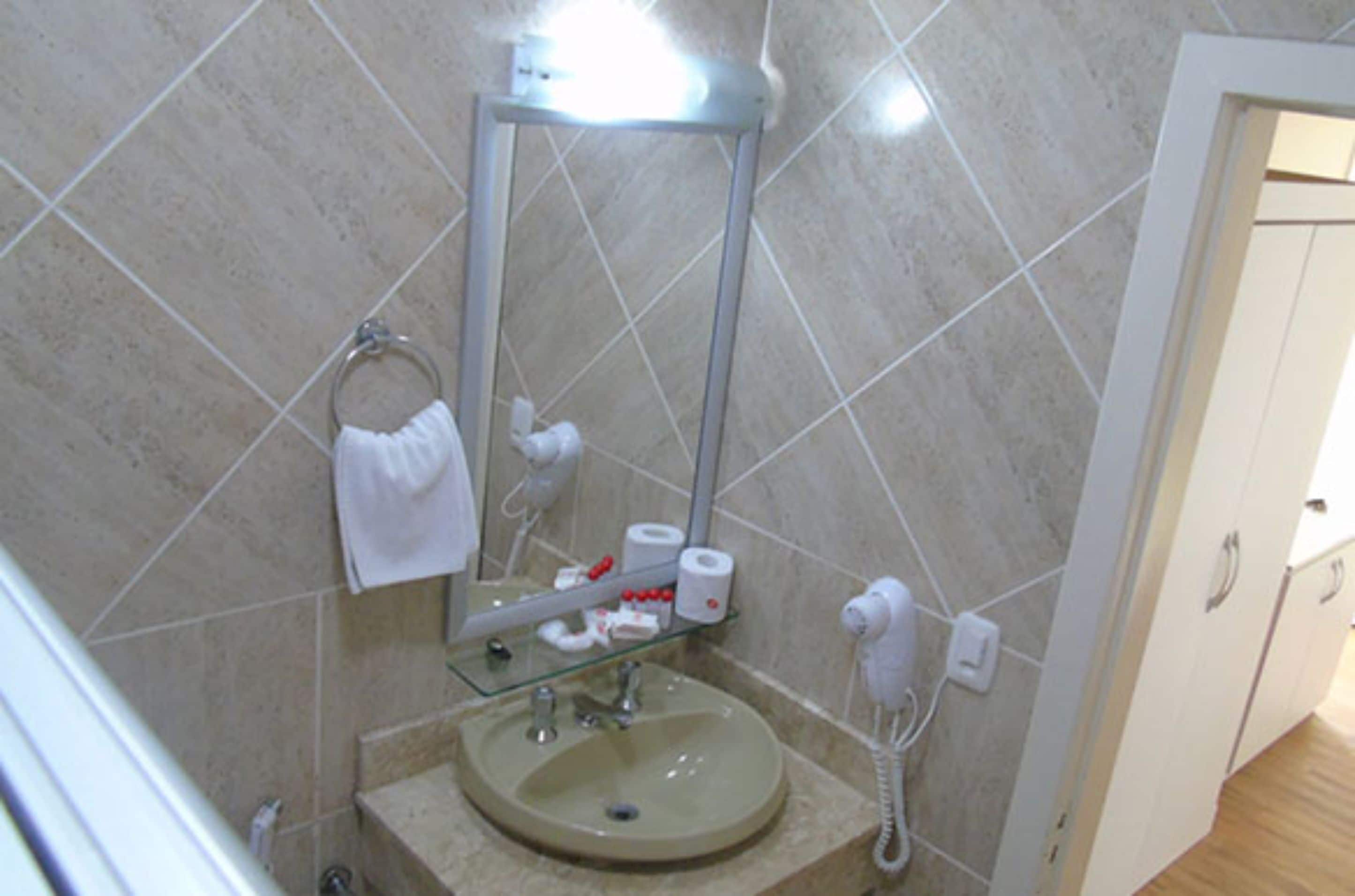 deluxe double room | bathroom | shower, free toiletries, hair dryer, towels