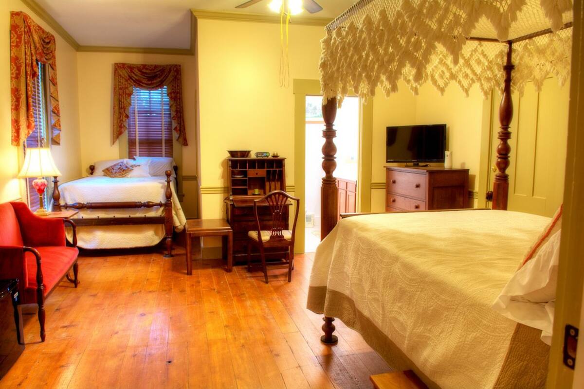Un dormitorio con cama con dosel, un escritorio, una silla, un televisor y una estantería.