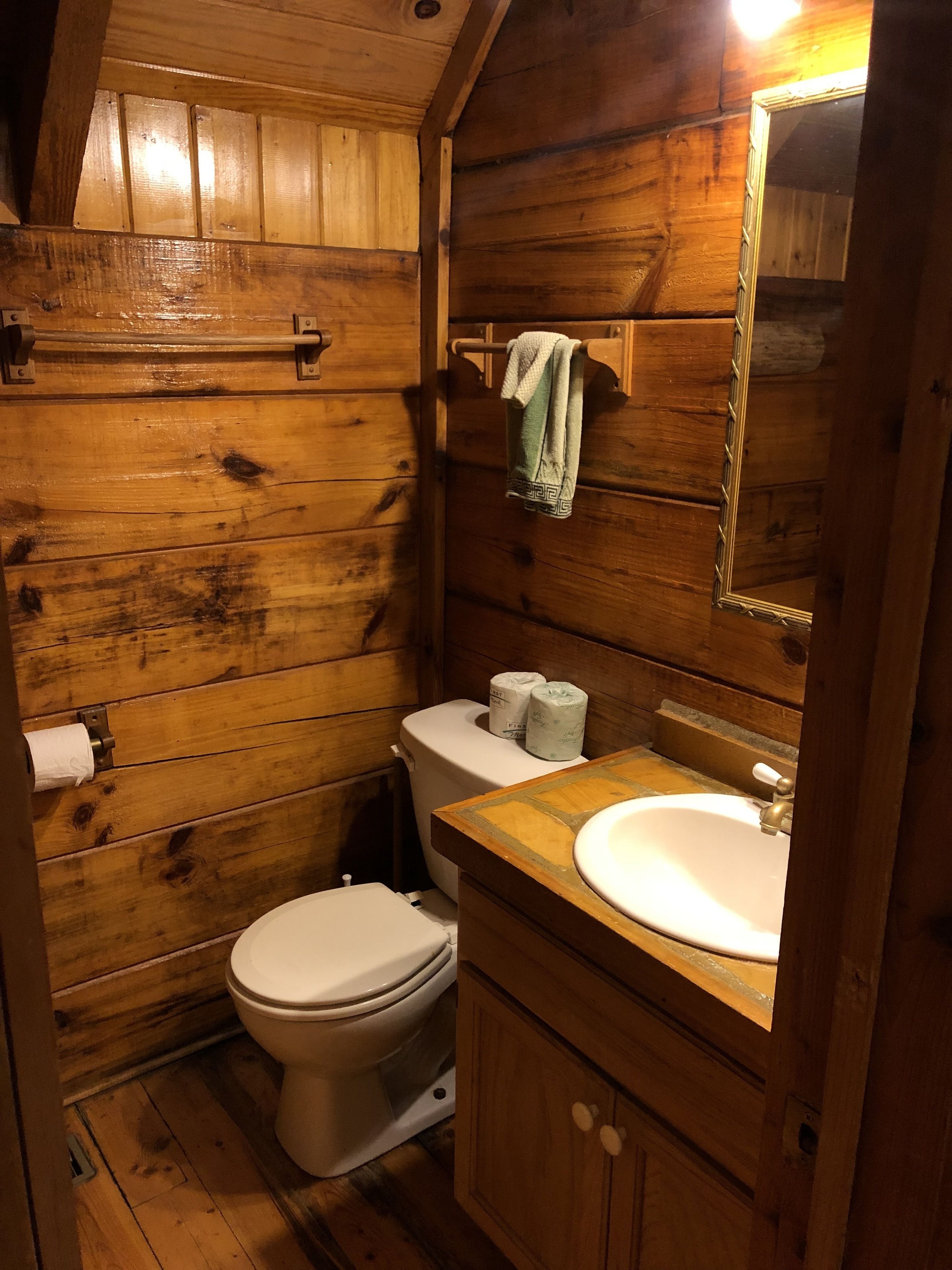 Un baño estilo cabaña de madera con inodoro, lavabo y espejo.