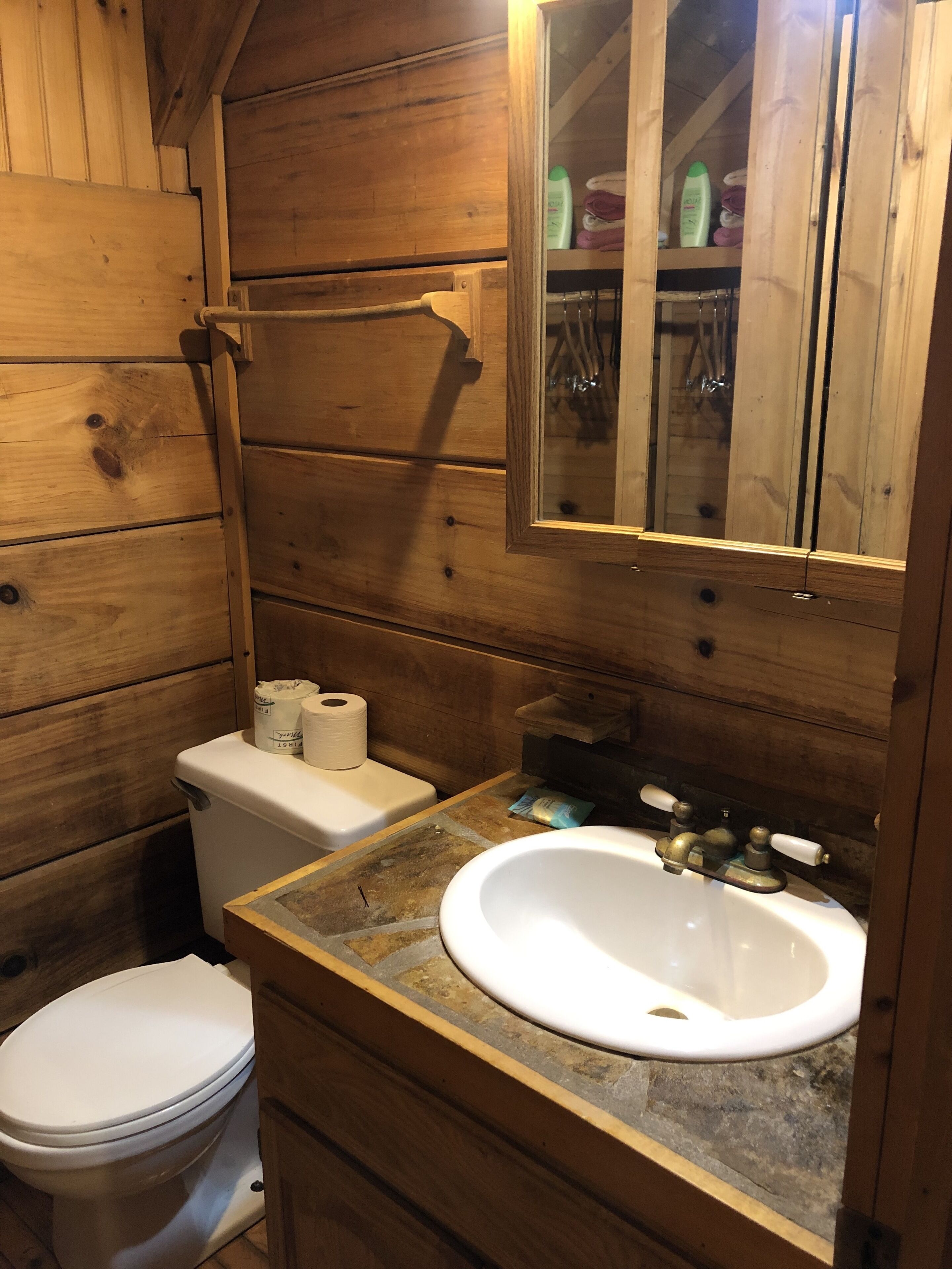 A wooden cabin bathroom with a toilet, sink, and mirror.