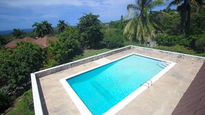 A rectangular swimming pool with a stone border, surrounded by lush greenery and palm trees, with a view of the ocean in the background. - Burlingame Villa (Montego Bay)