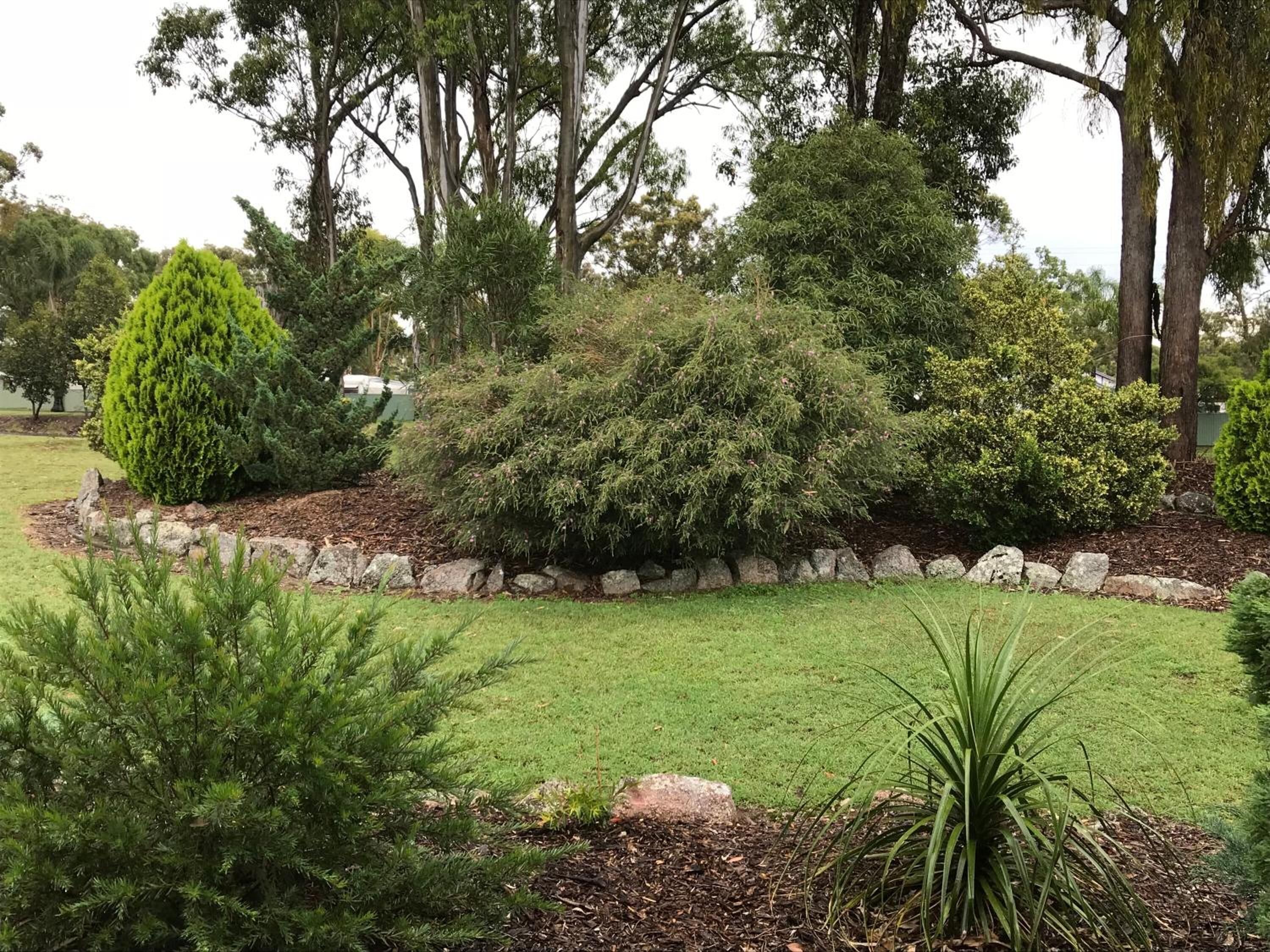 Un jardín ajardinado con diversos arbustos y árboles, un borde de piedra y un césped.