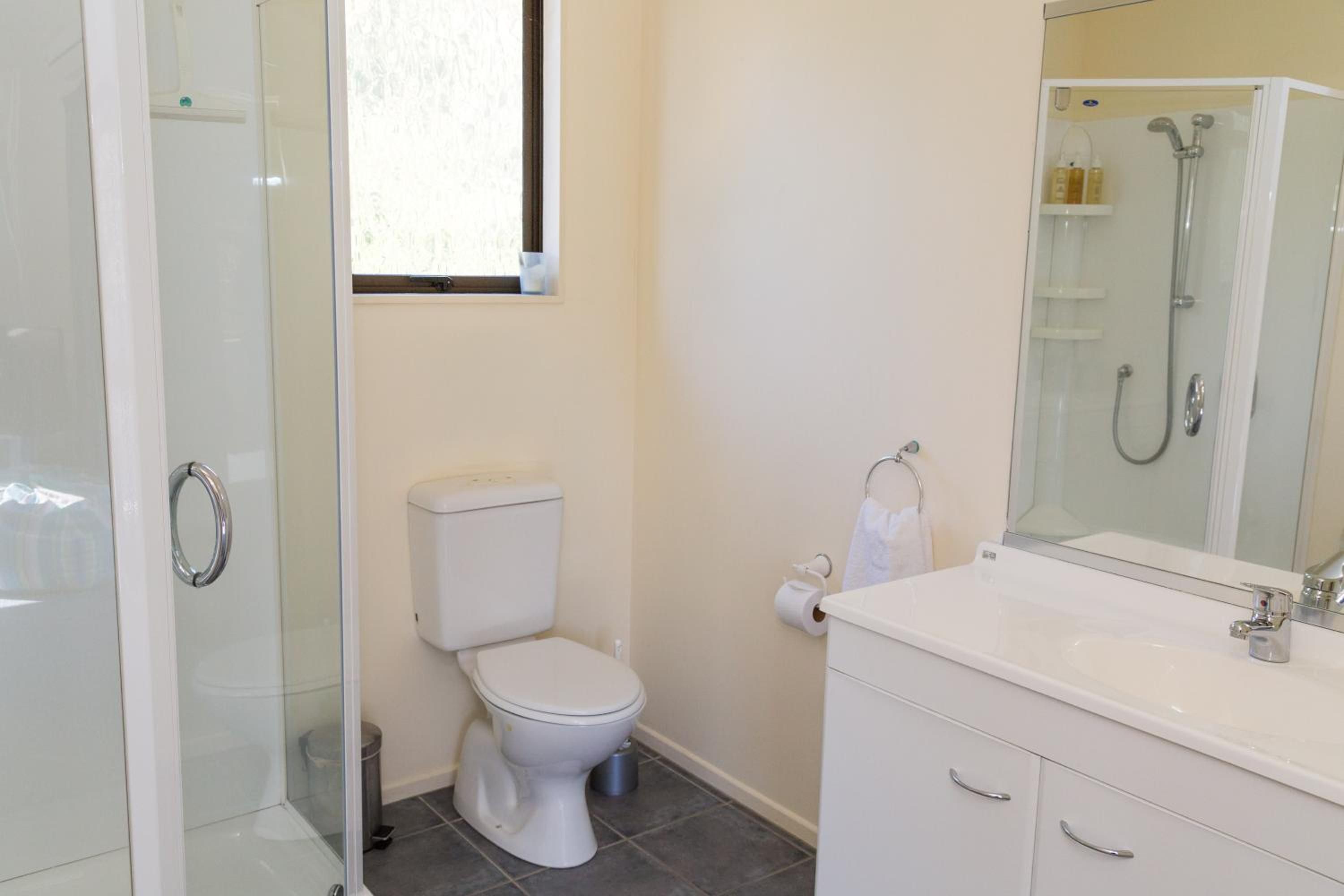 A bathroom with a toilet, a sink, a shower, and a glass-enclosed shower stall.