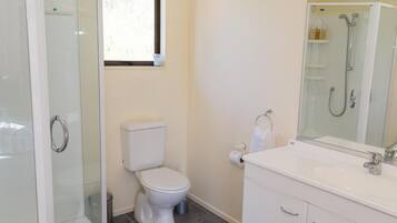 A bathroom with a toilet, a sink, a shower, and a glass-enclosed shower stall.