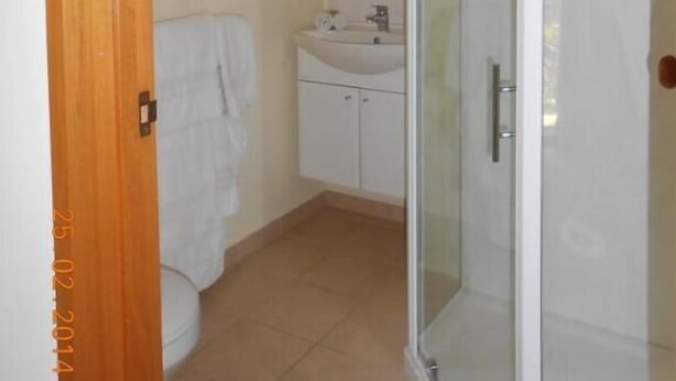 Un baño con cabina de ducha de vidrio, lavabo con espejo y puerta de madera.