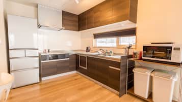 Full-sized fridge, microwave, dishwasher, electric kettle