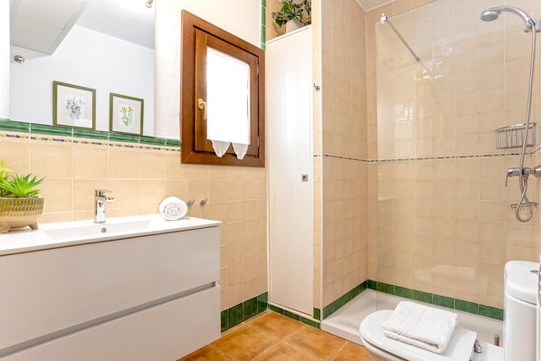 Un baño con lavabo, espejo, ducha e inodoro.