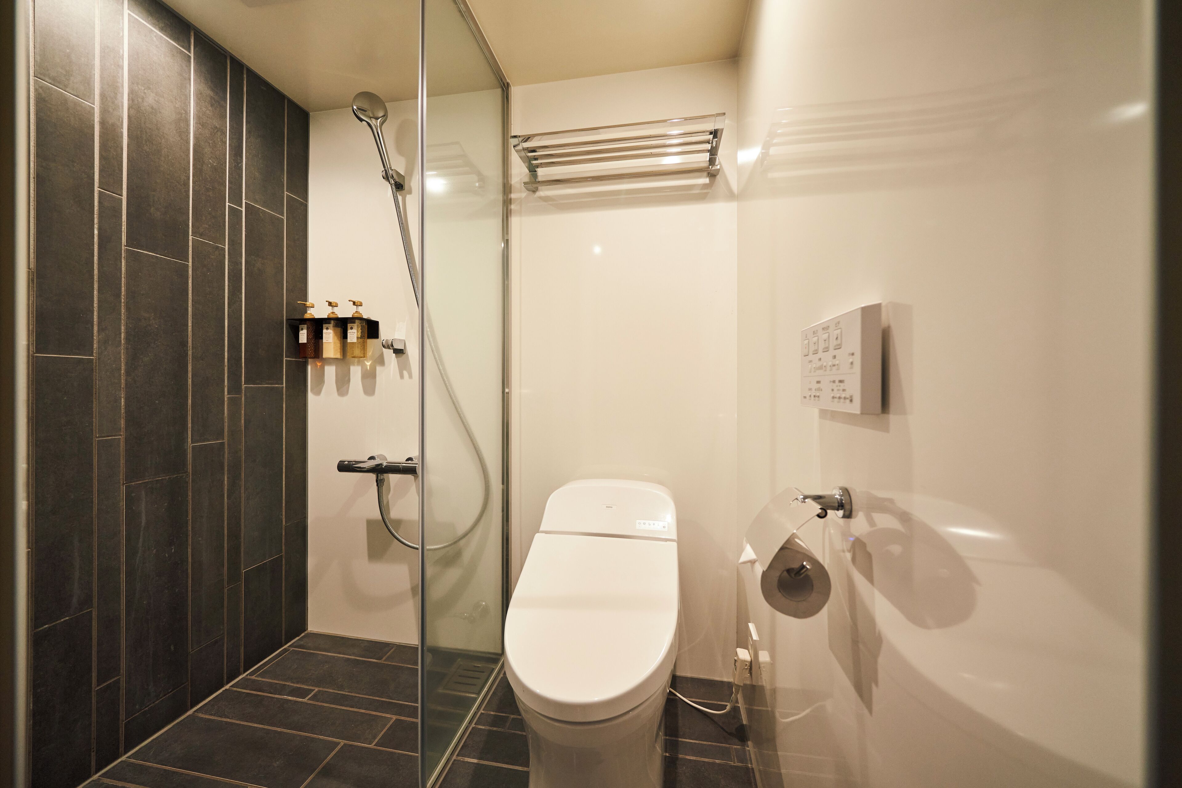 A modern bathroom with a glass shower enclosure, a white toilet, and a towel rack.