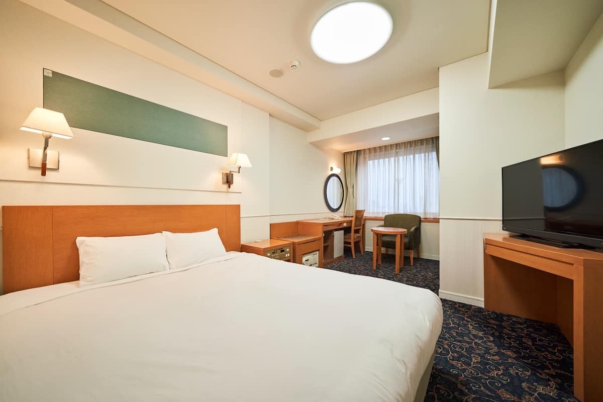 A hotel room with a large bed, a desk with a chair, a television, and a mirror.