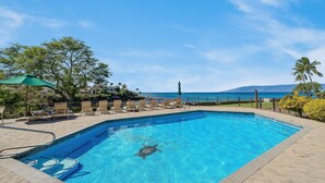 Ein Swimmingpool mit Meeresschildkröte, Liegestühlen und Blick auf den Ozean.