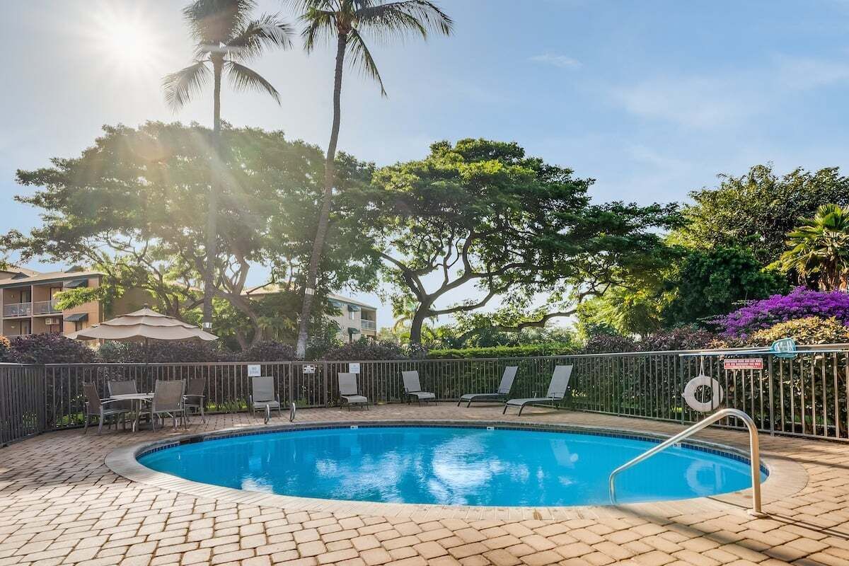 Une piscine dotée de chaises longues et entourée d’une clôture, le tout bordé d’arbres et adossé à un bâtiment.
