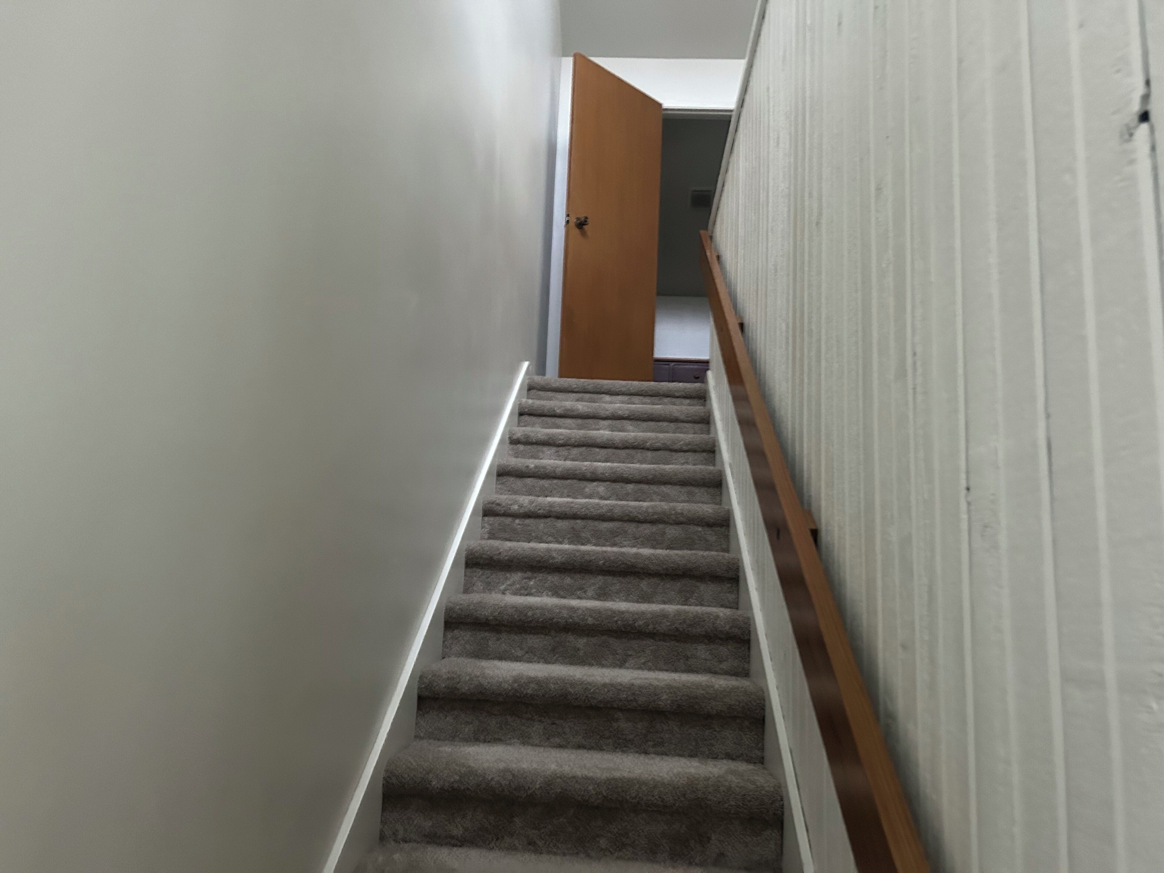Eine Teppichstufenreife Treppe mit einer Holzhandläufe, die zu einem Raum mit einer weißen Tür führt.