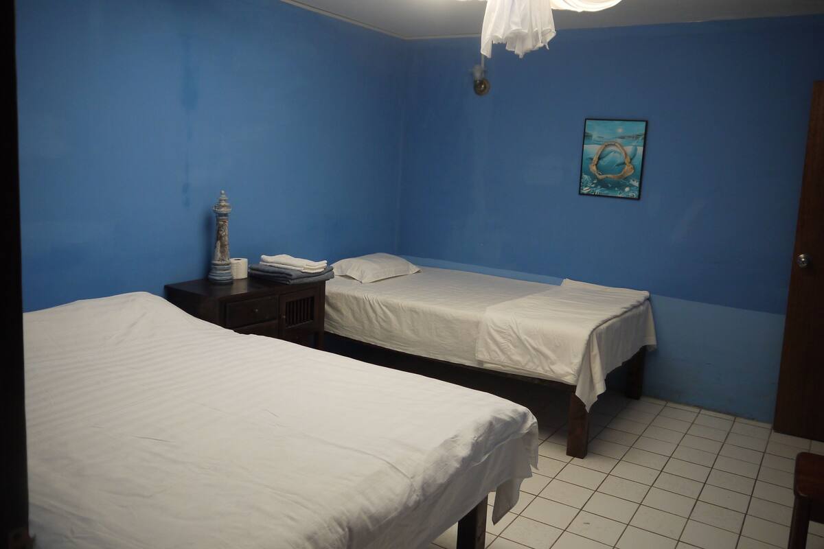 A room with two beds, a nightstand, a painting, and a ceiling fan.