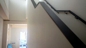 Un escalier avec une rampe et une porte en haut.