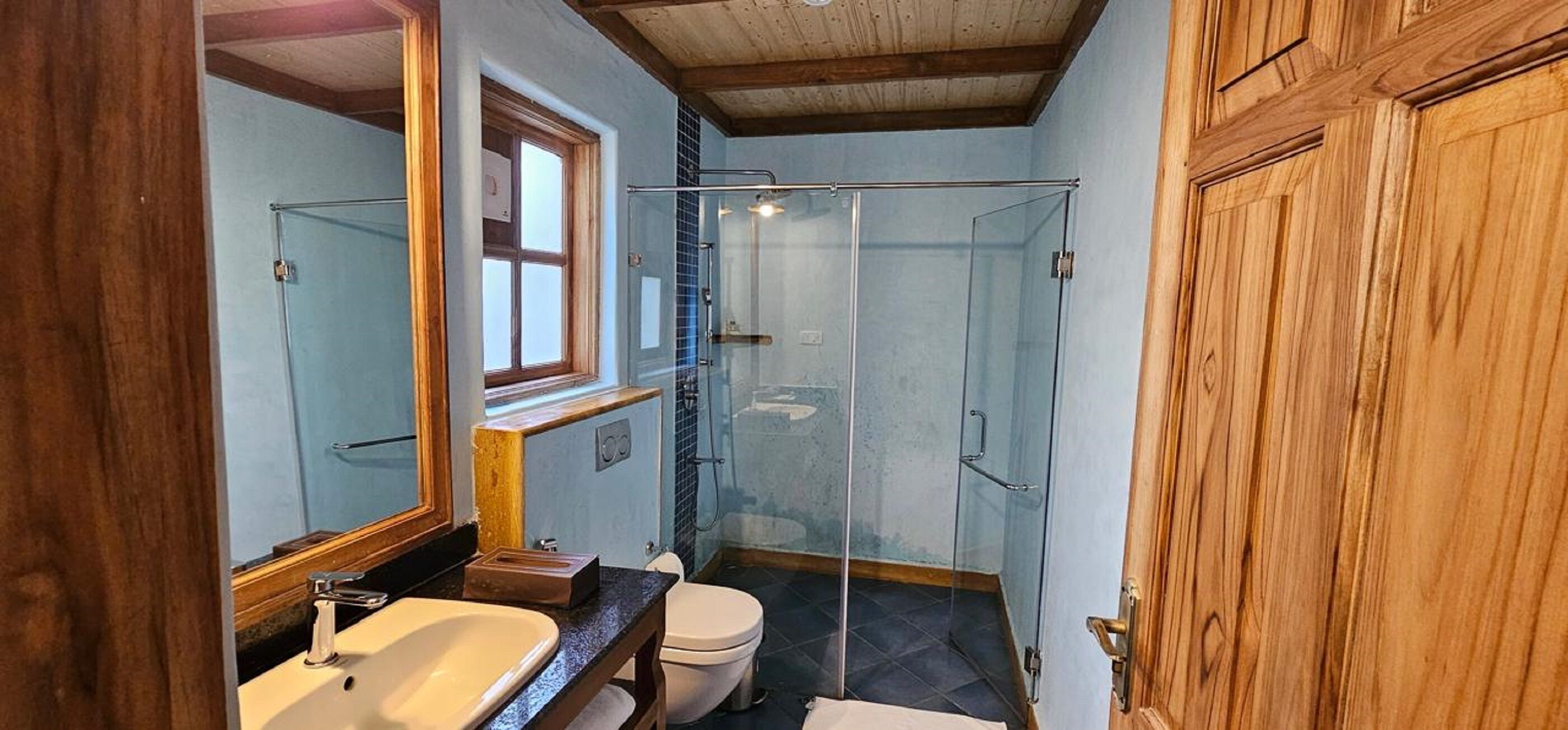 A bathroom with a glass shower enclosure, a wooden door, and a large mirror.