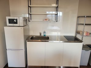 A compact kitchen with a microwave, refrigerator, sink, and a metal shelf unit. - City Pension Zem (Tokyo)
