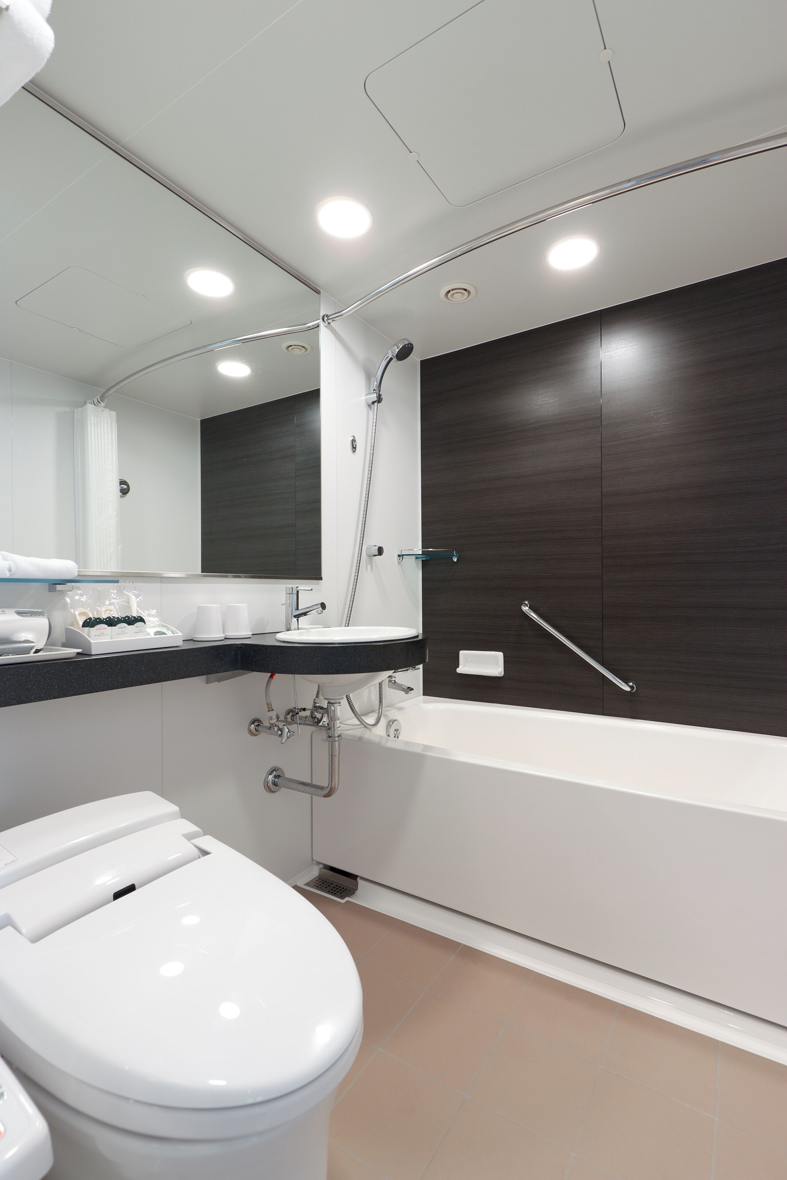 Et moderne badeværelse med toilet, håndvask, badekar og bruser.