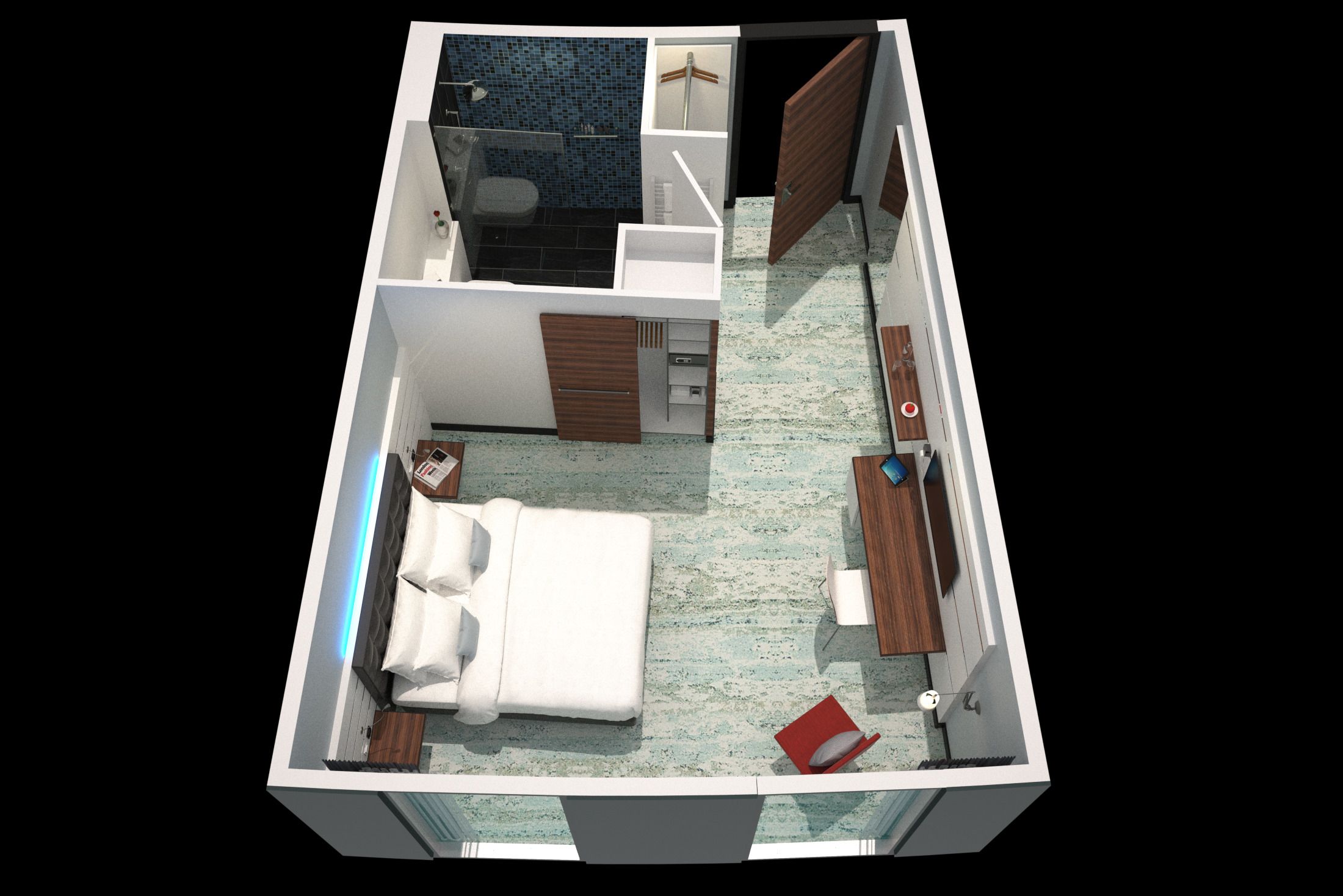 A 3D rendering of a hotel room with a bed, desk, chair, and a small bathroom area.