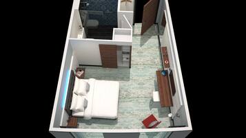 Renderização 3D de um quarto de hotel com cama, escrivaninha, cadeira e um espaço de banheiro.