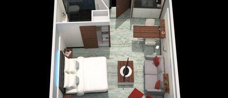 A 3D layout of a hotel room with a bed, a desk, a sofa, a small table, and a bathroom.