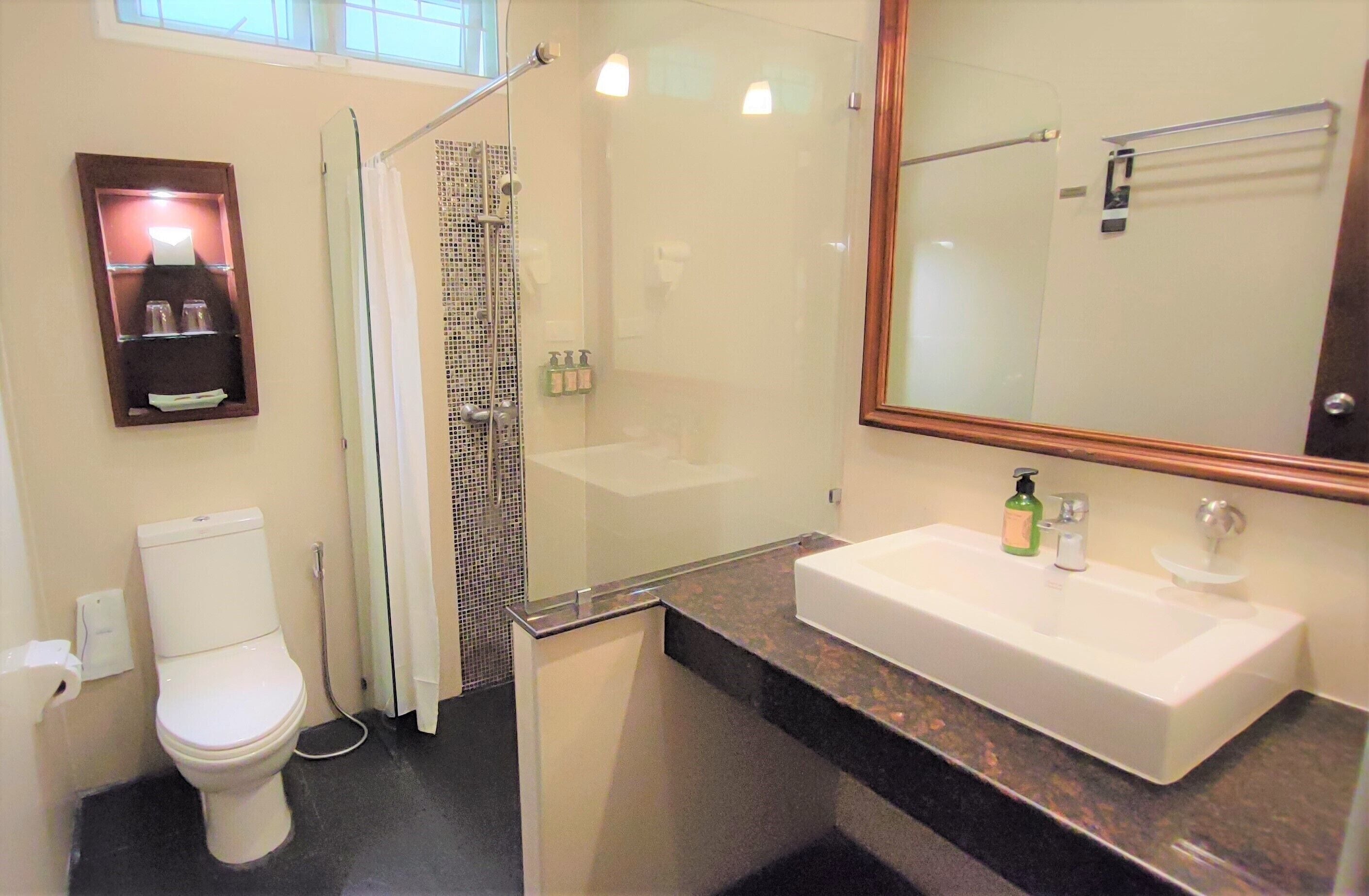 superior family garden view room | bathroom | shower, free toiletries, hair dryer, towels