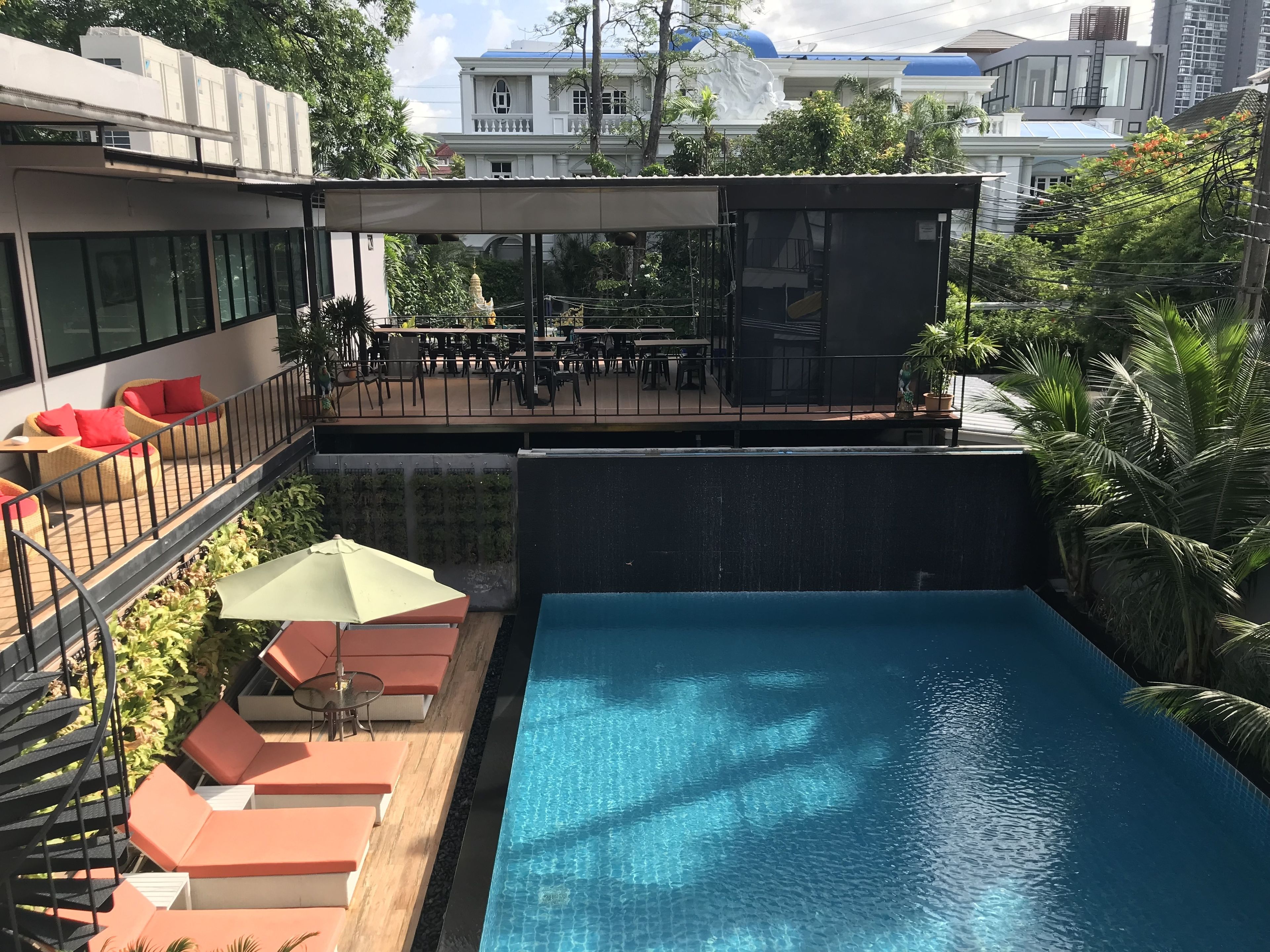 outdoor pool, pool loungers