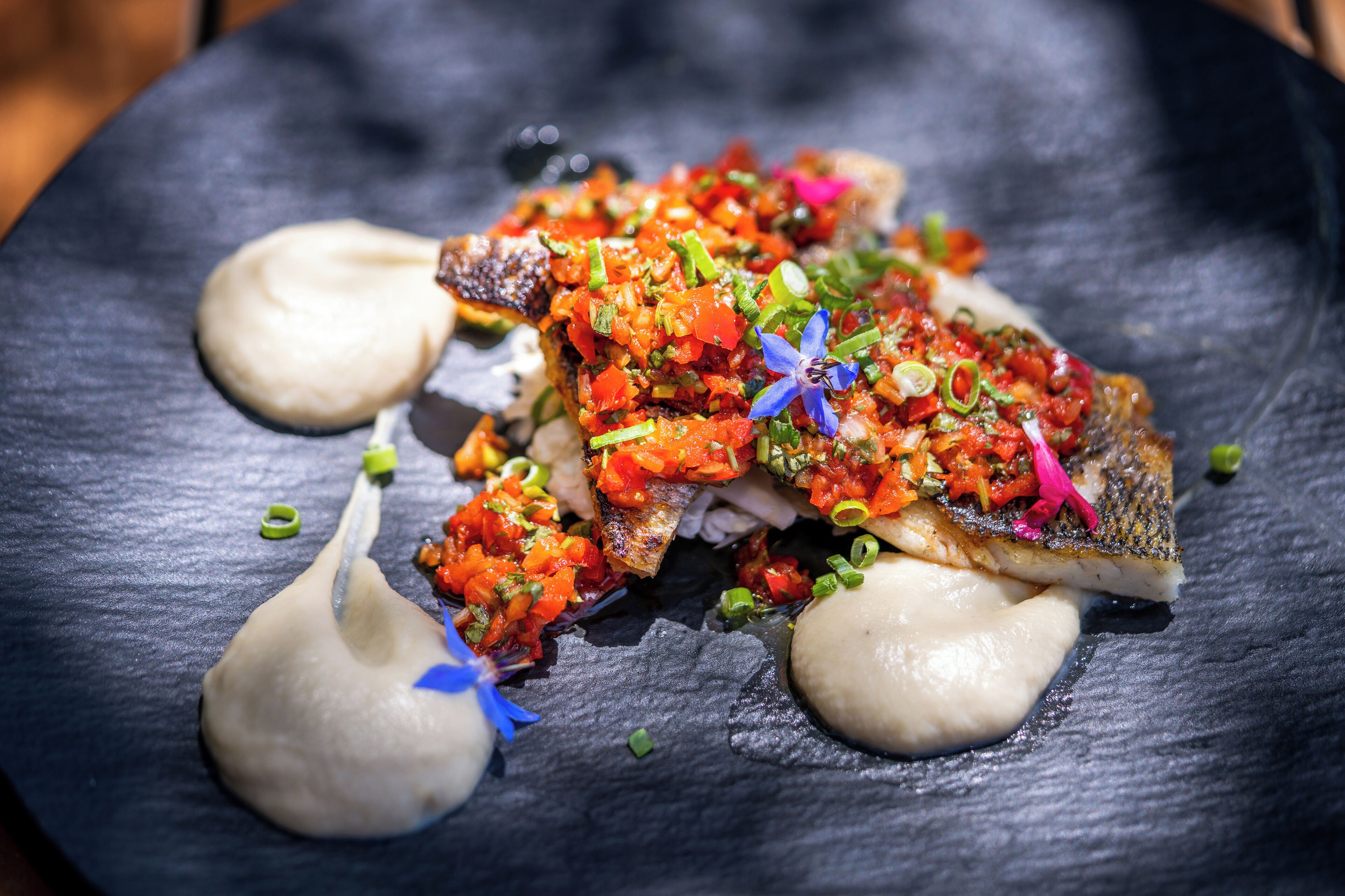 Ein Teller mit Fisch, gewürfelten Tomaten und grünen Zwiebeln aus Schiefer.