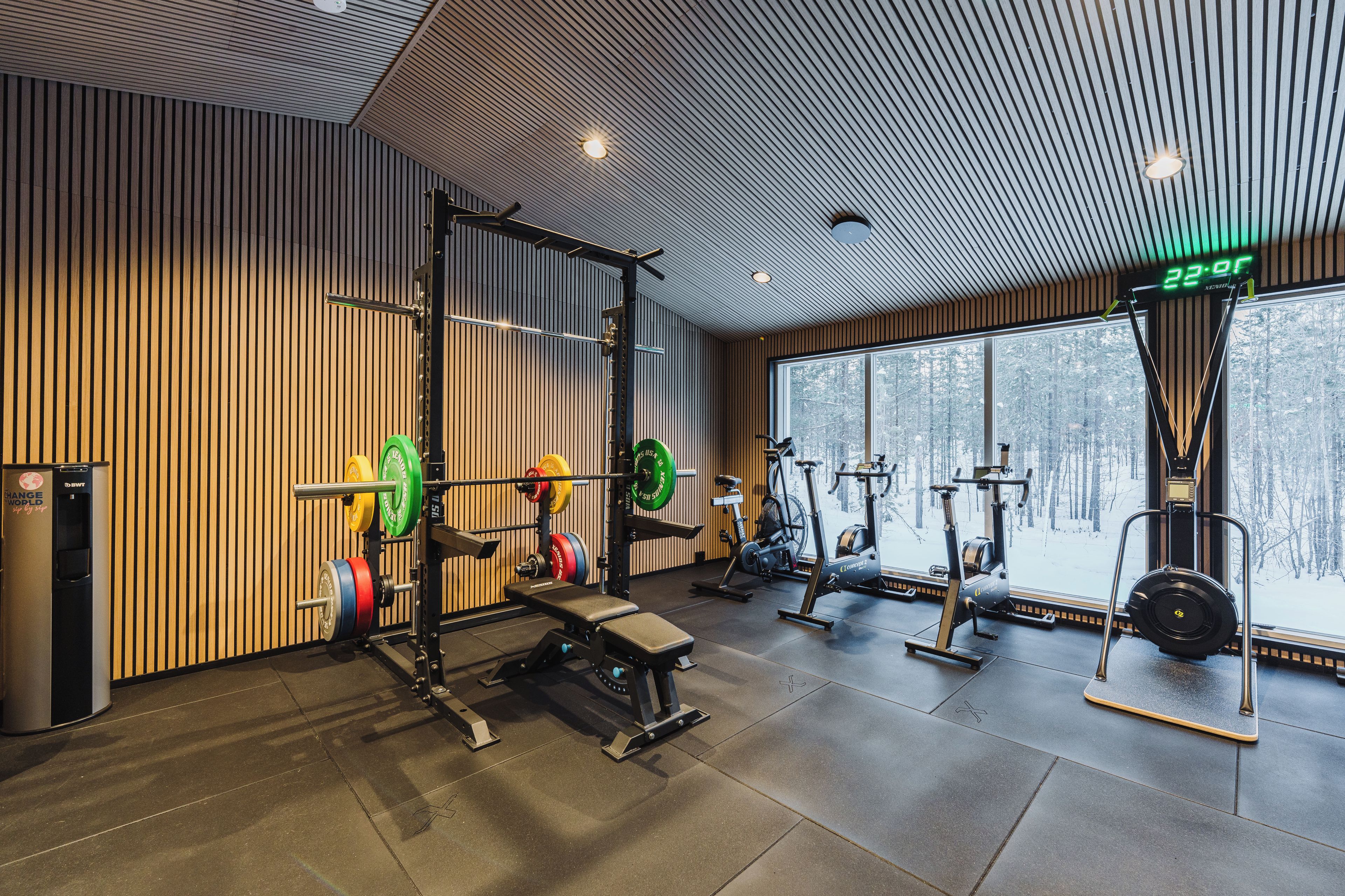 A gym with weightlifting equipment, cardio machines, and a large window with a snowy view.