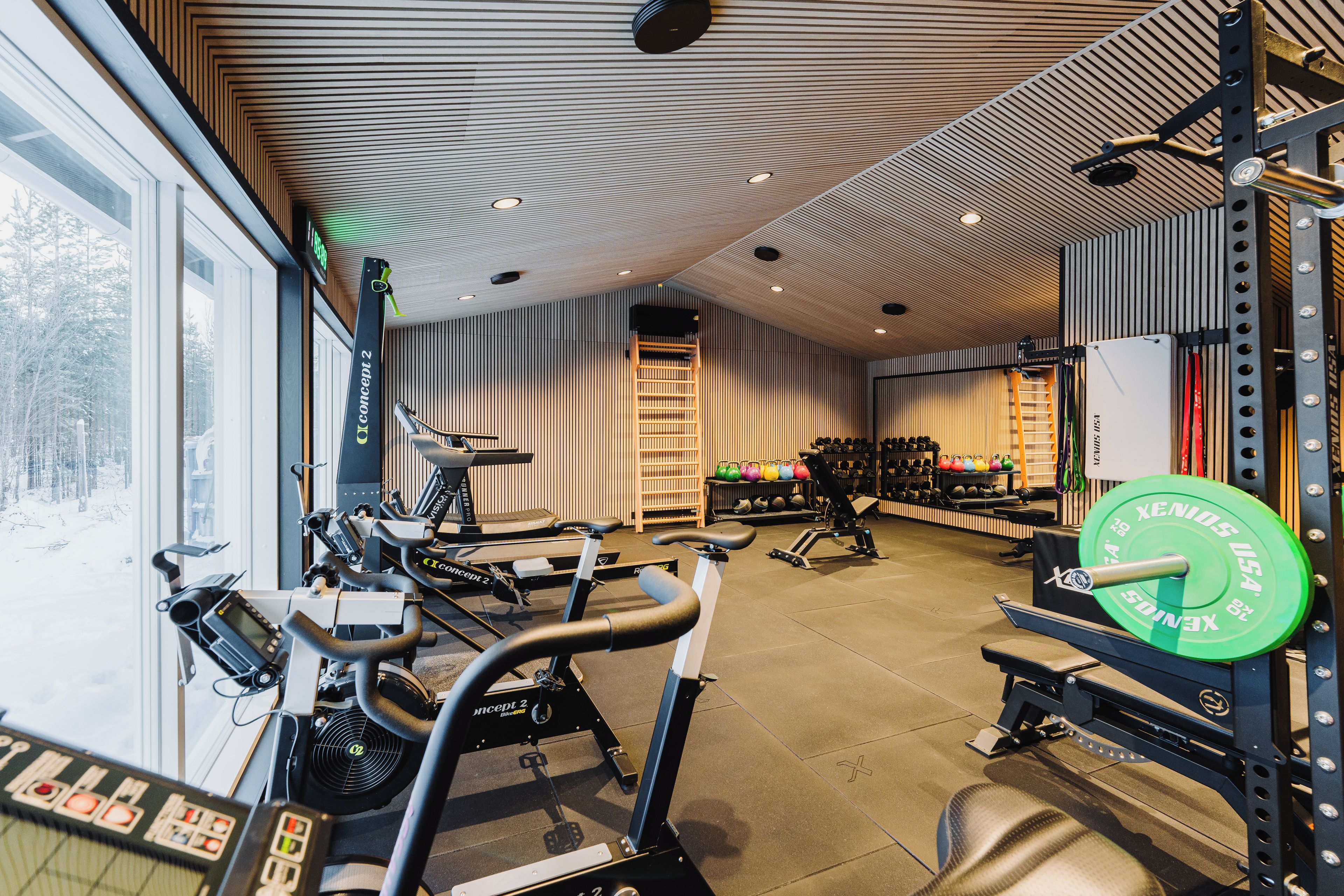 A gym with exercise equipment, weightlifting, and a view of the outdoors.