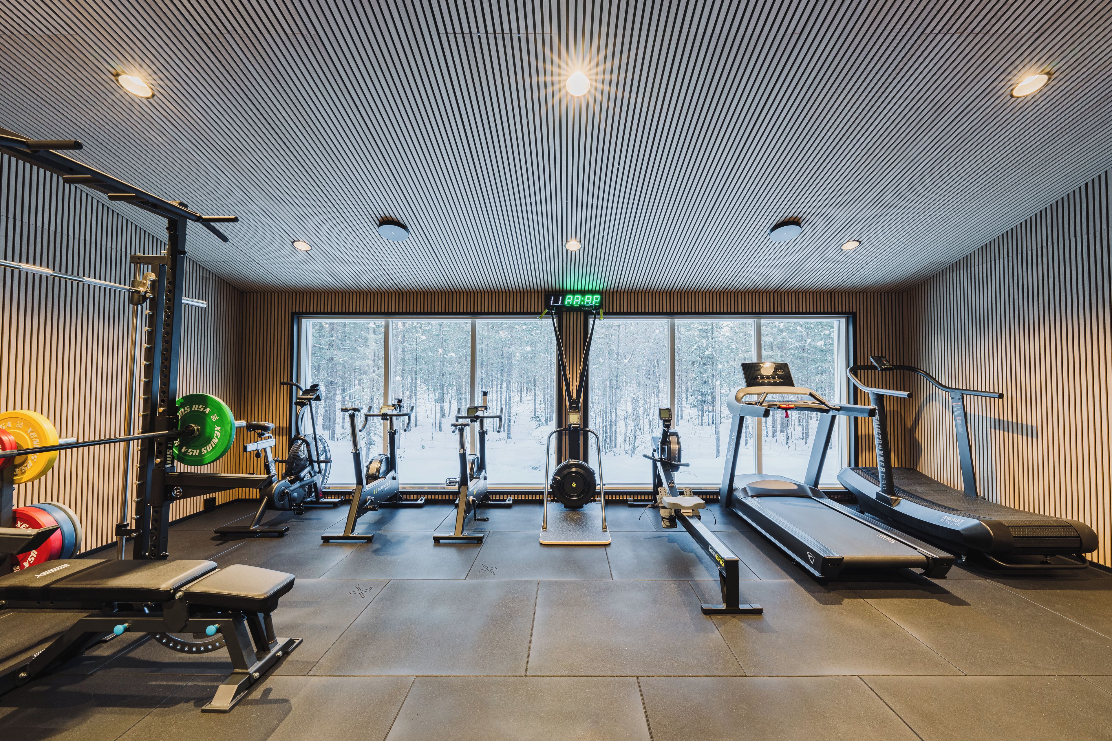 A gym with various exercise equipment, large windows, and a patterned ceiling.