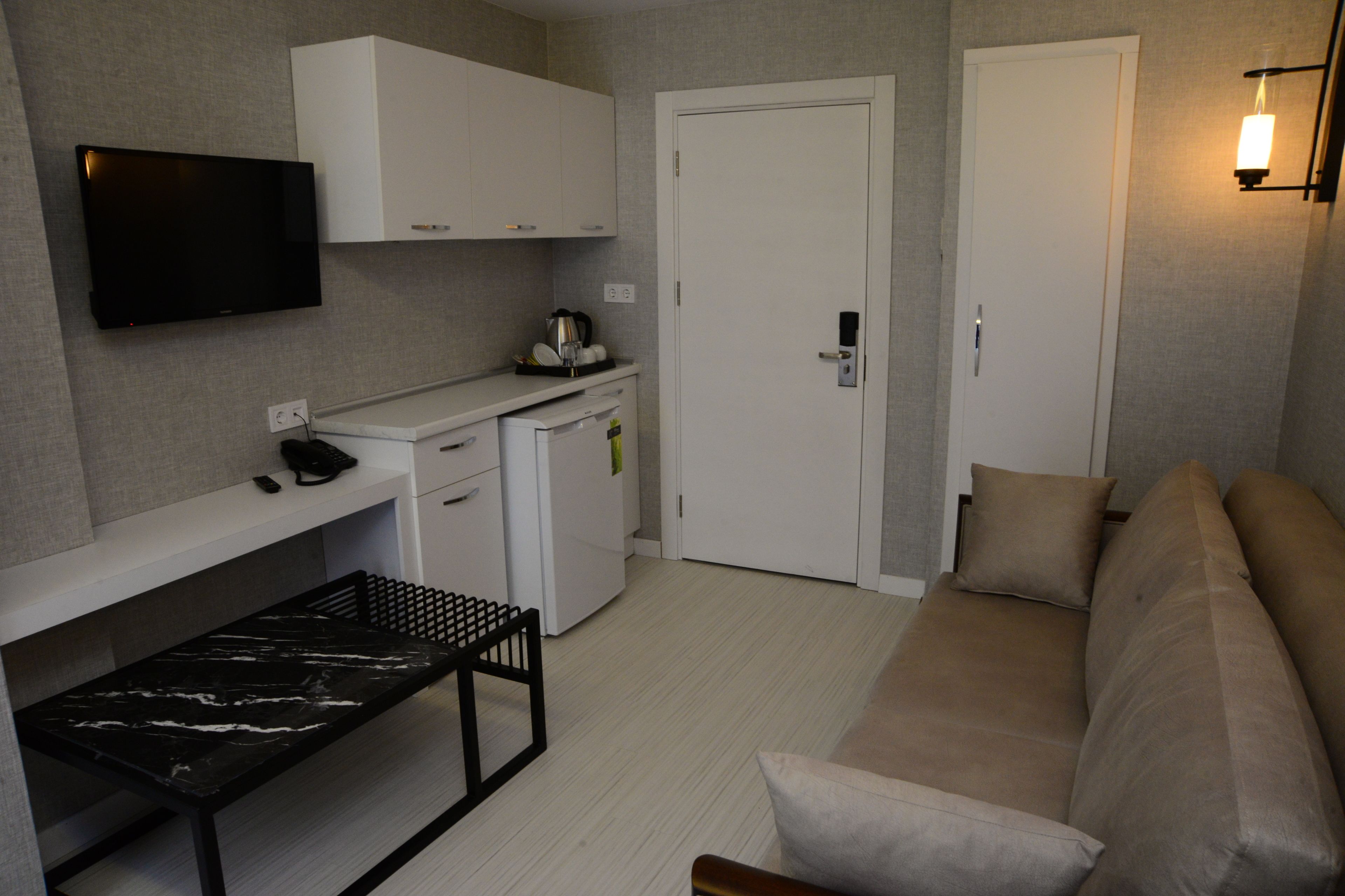 superior suite, 1 queen bed with sofa bed, city view | living area | flat-screen tv