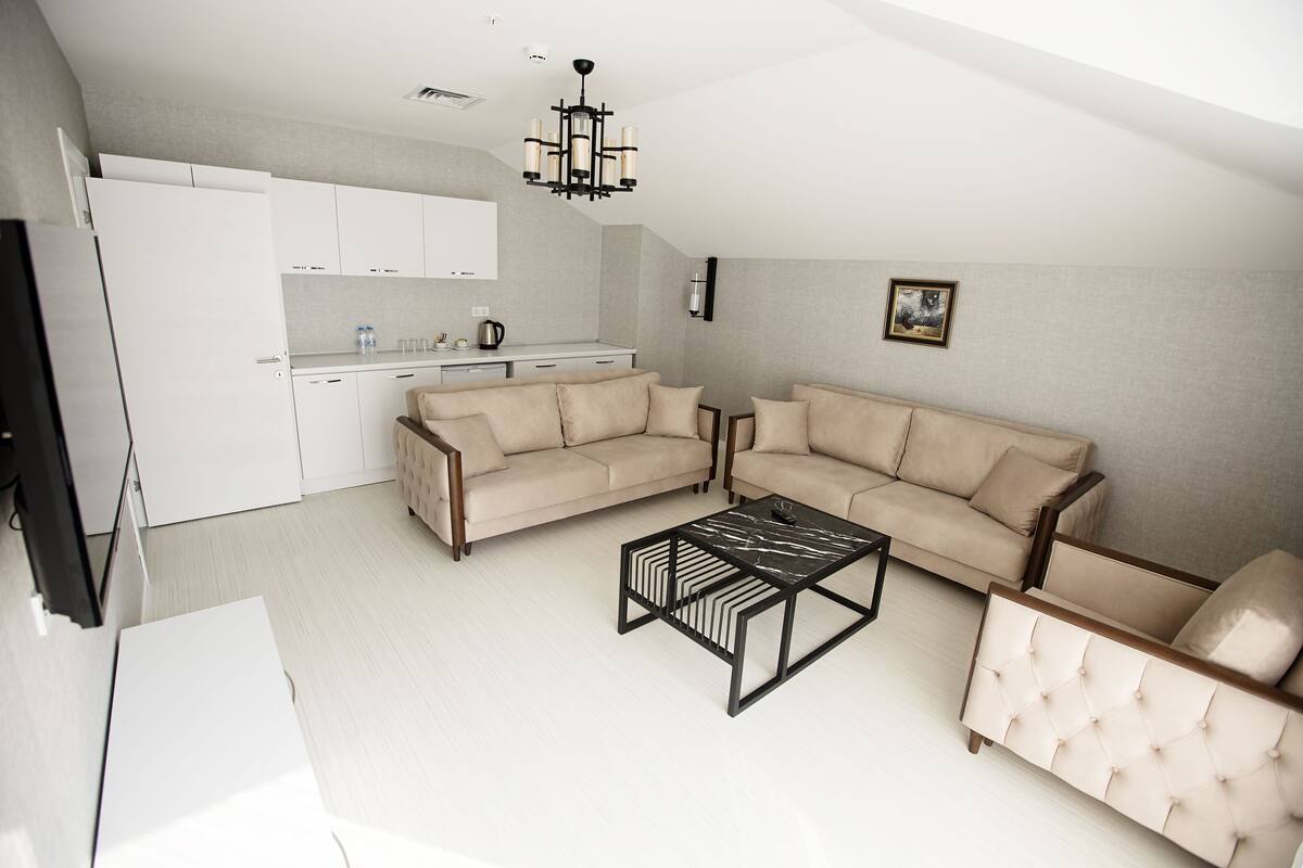 A modern living room with a sofa, armchair, and coffee table, a kitchen with white cabinets, and a chandelier.