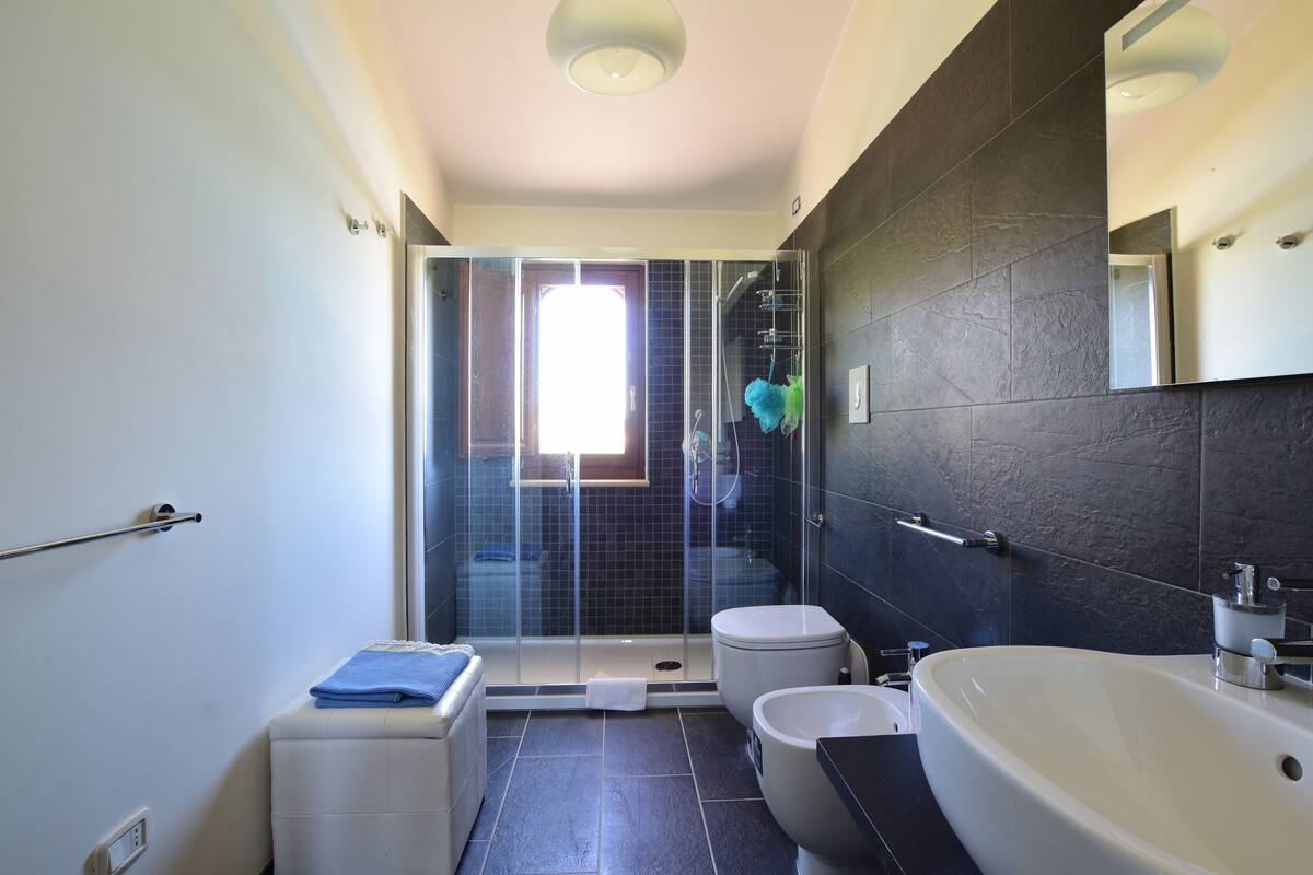 Une salle de bain moderne avec une douche à parois de verre, des toilettes blanches et un grand lavabo.