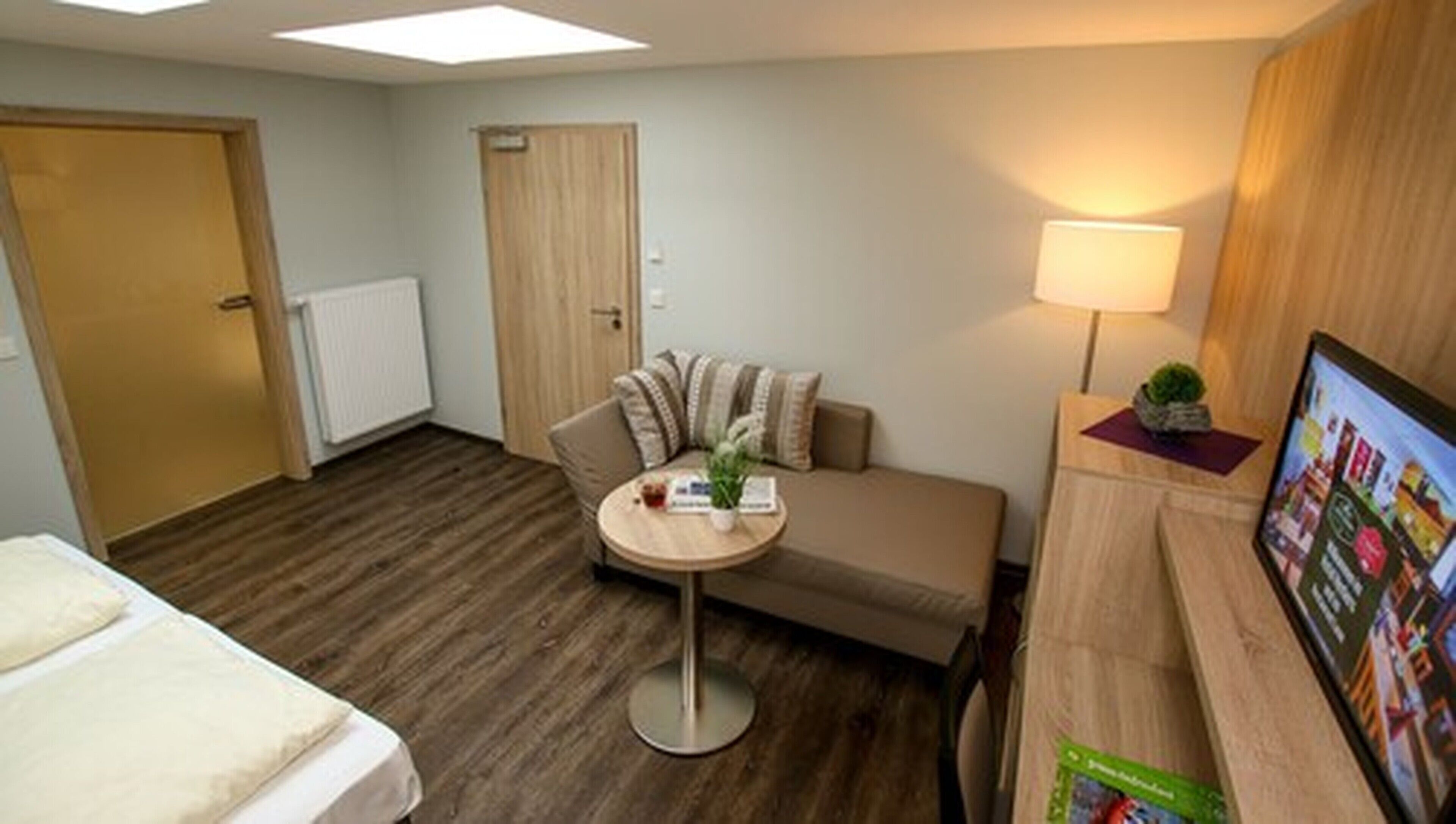A hotel room with a bed, a sofa, a small table with a plant, a lamp, and a TV on the right side.