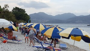 Une plage bordée de rangées de parasols et de chaises longues.