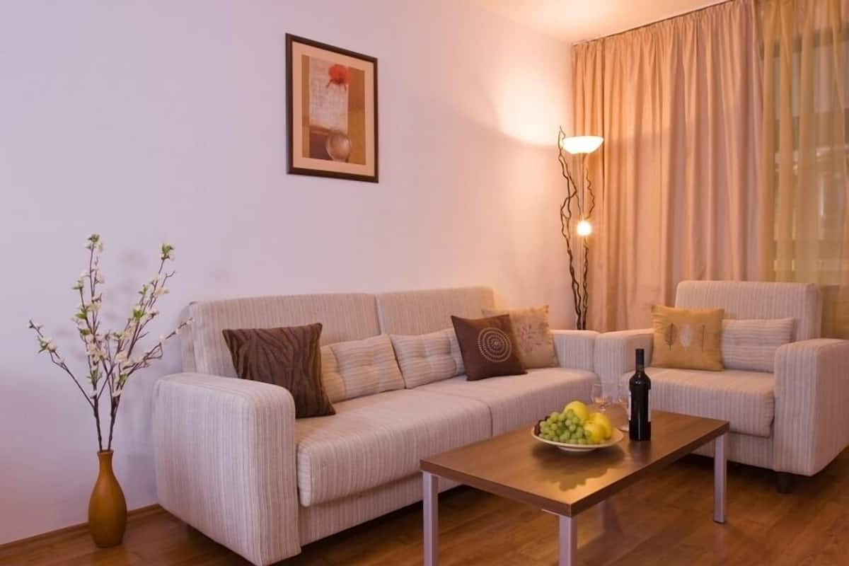 Departamento, 2 habitaciones, balcón | Área de sala de estar | Televisión y reproductor de DVD