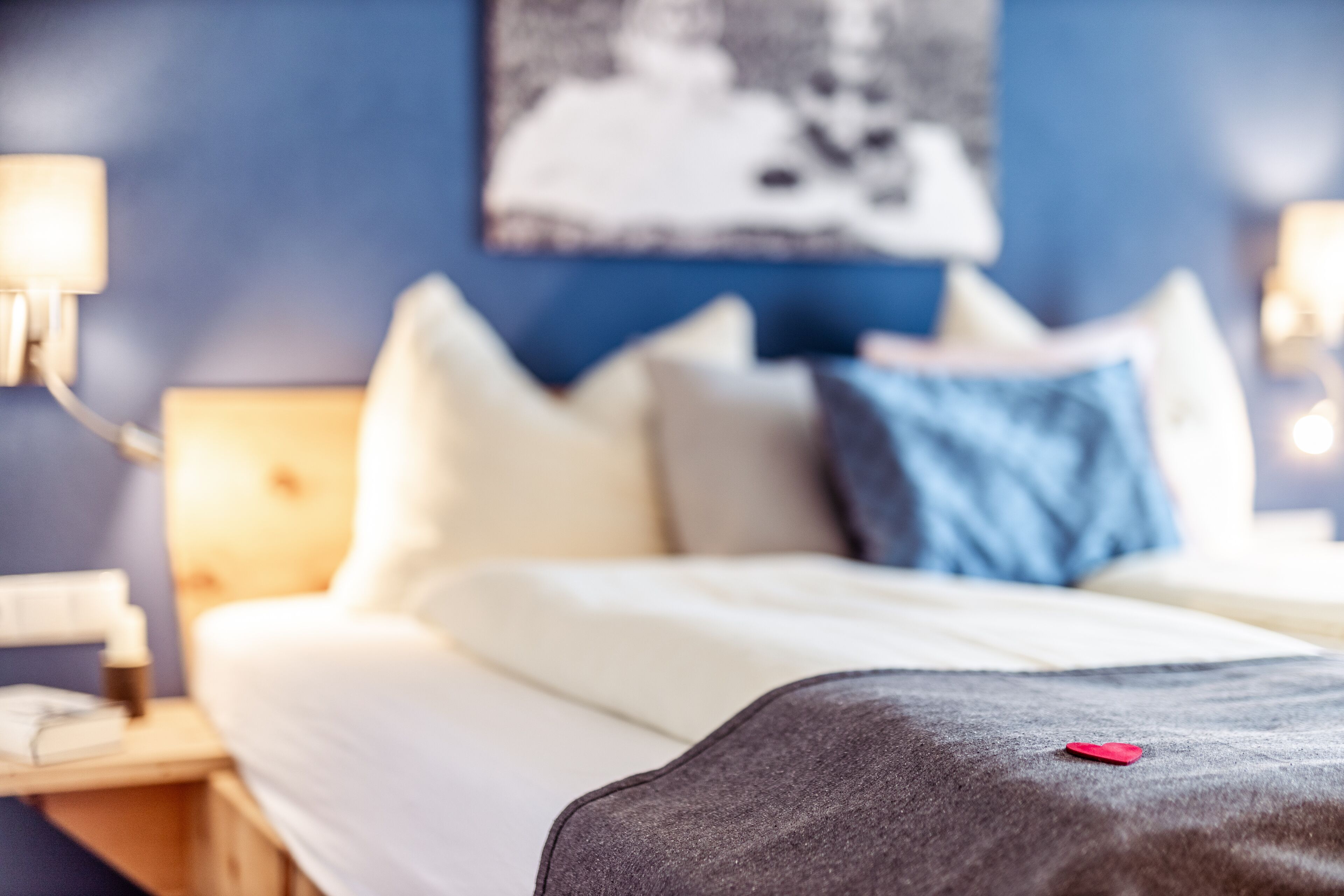A bed with a dark blanket and a red object on it, a bedside table with a lamp, and a wall with a framed picture.