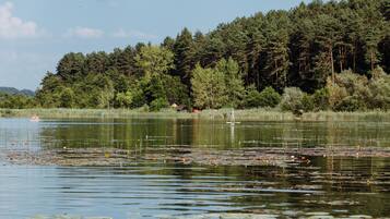 A serene lake with a forested hill in the background.