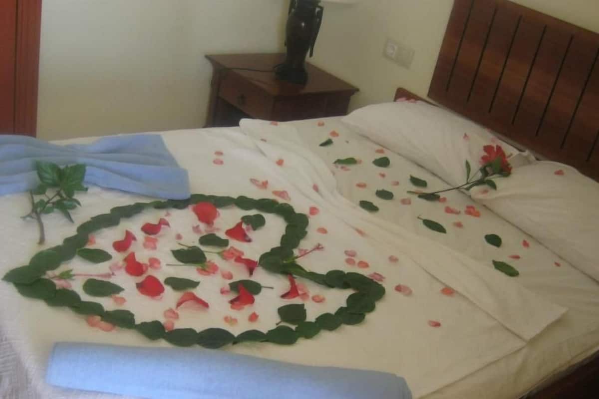 A bed with a heart-shaped arrangement of rose petals and green leaves, a blue cloth, and a small plant.