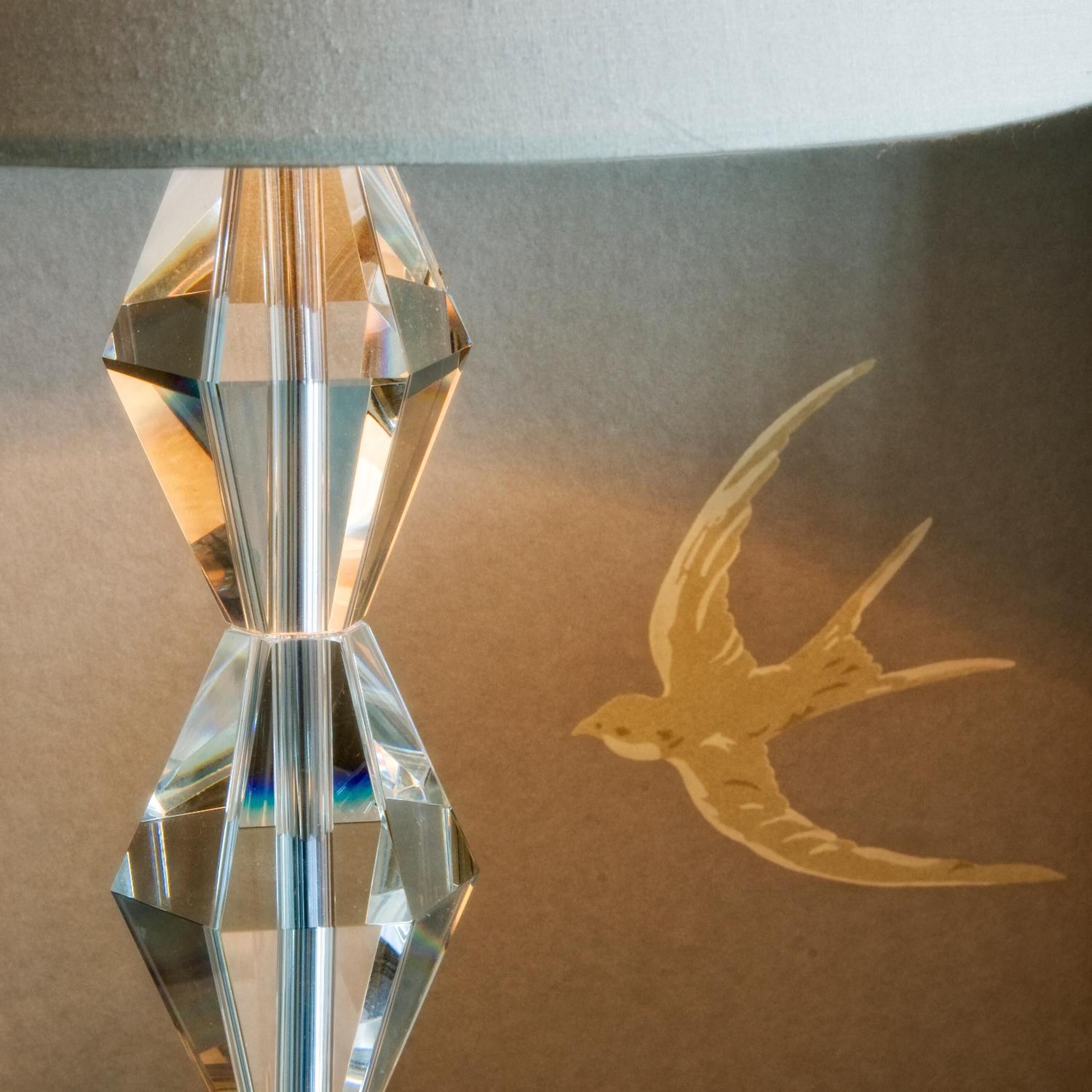 A clear, faceted crystal object with a bird silhouette on a textured wall.