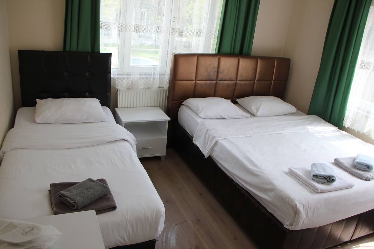 Una habitación de hotel con dos camas, una mesita de noche y una ventana con cortinas verdes.