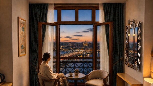 A room with a large window overlooking a cityscape, a chair, a small table with a cup, and a decorative mirror. - Momento Golden Horn Hotel (Istanbul)
