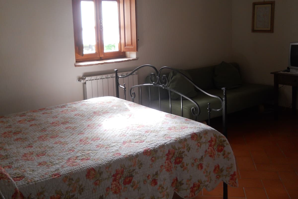 Un dormitorio con cama, radiador, ventana, sofá y televisor.