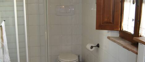 A bathroom with a shower, toilet, and sink.