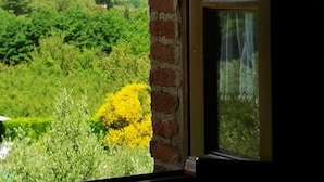 A view through a window with a brick wall and a curtain, overlooking a green landscape with trees and a distant building. - Frateria Di San Benedetto (Montepulciano)