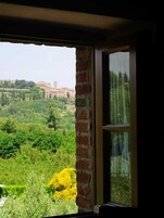 A view through a window with a brick wall and a curtain, overlooking a green landscape with trees and a distant building.
