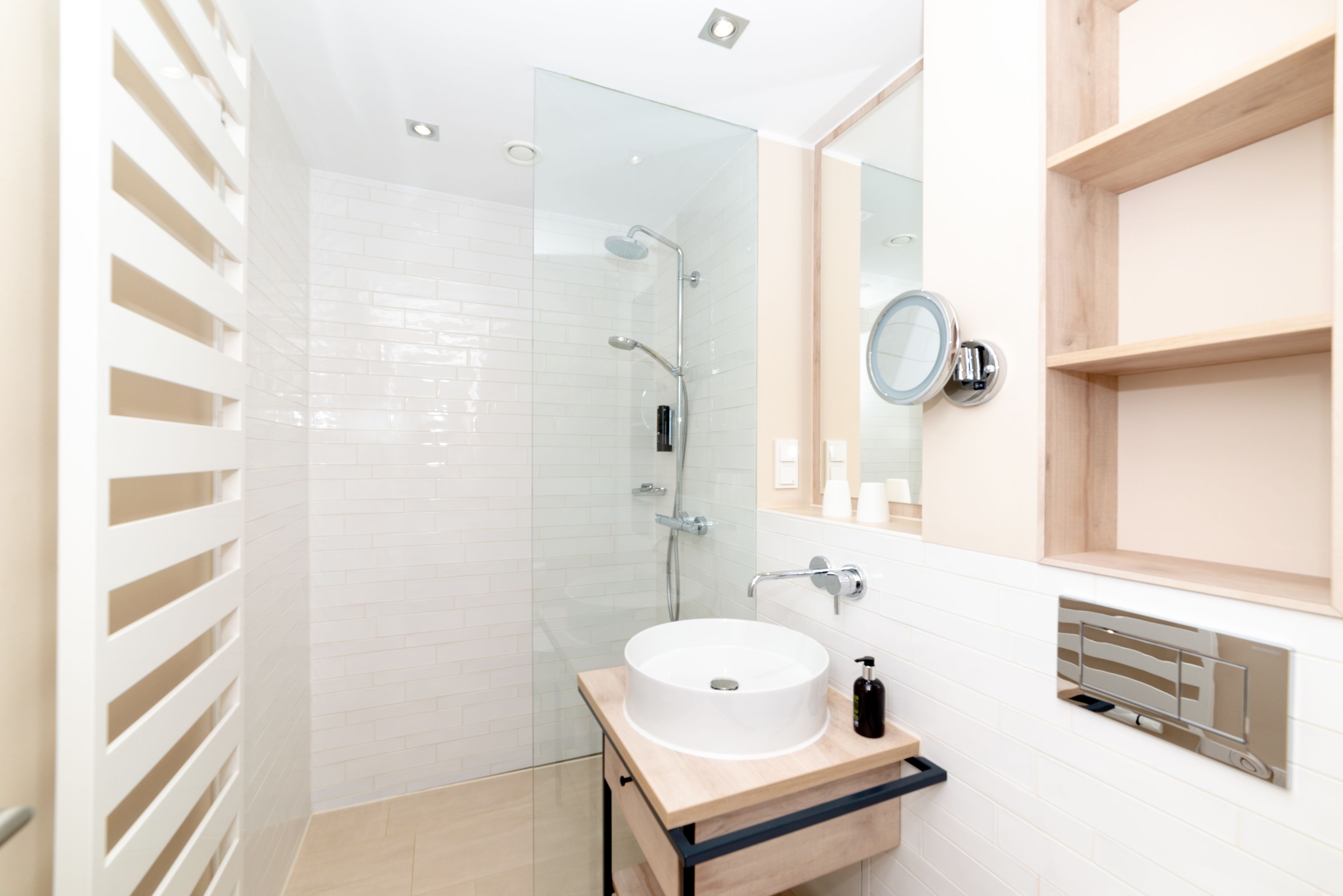 shower, hair dryer, bathrobes, slippers