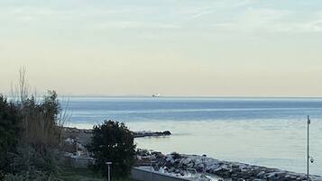 A coastal view with a rocky shoreline, a distant ship, and a clear sky.